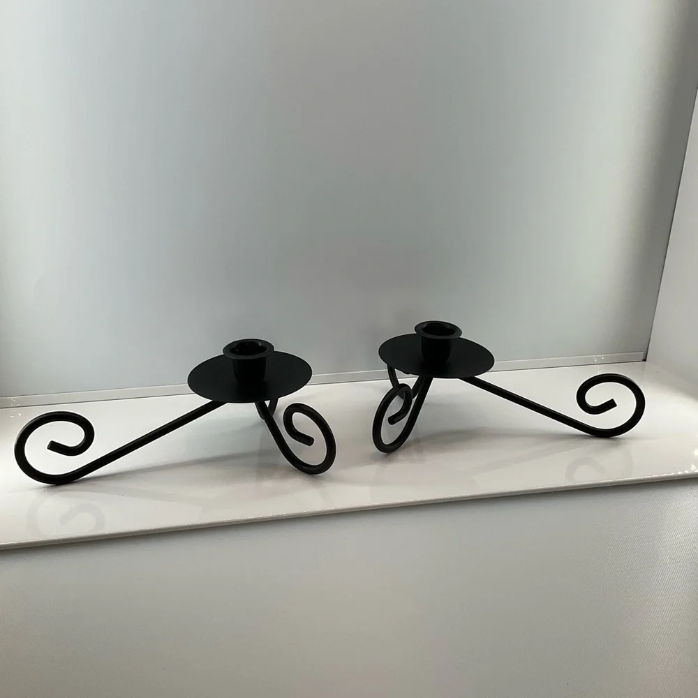 vtg Wrought Iron Candle Holders Flat Black